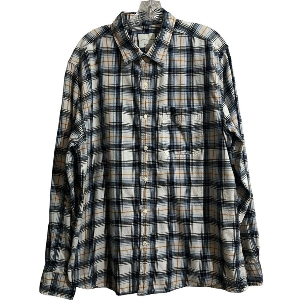 American Eagle Shirt Men XL Blue Flannel Plaid Pocket Button Up Super Soft